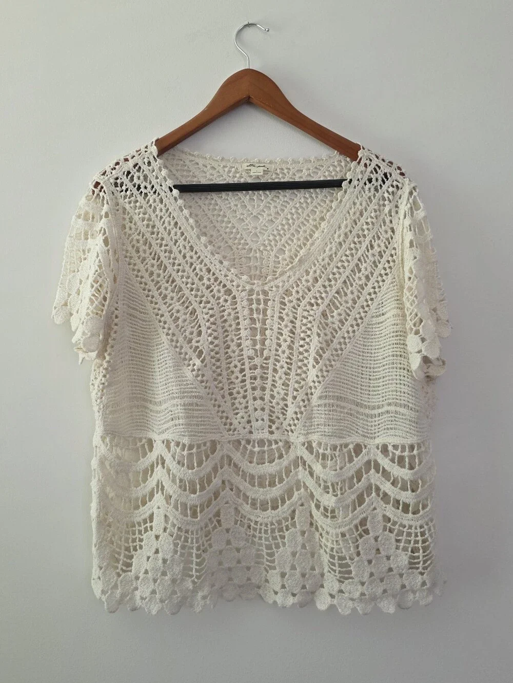 Crochet Vneck Boho Blouse Womens L Cream Festival Coastal Cowgirl Western